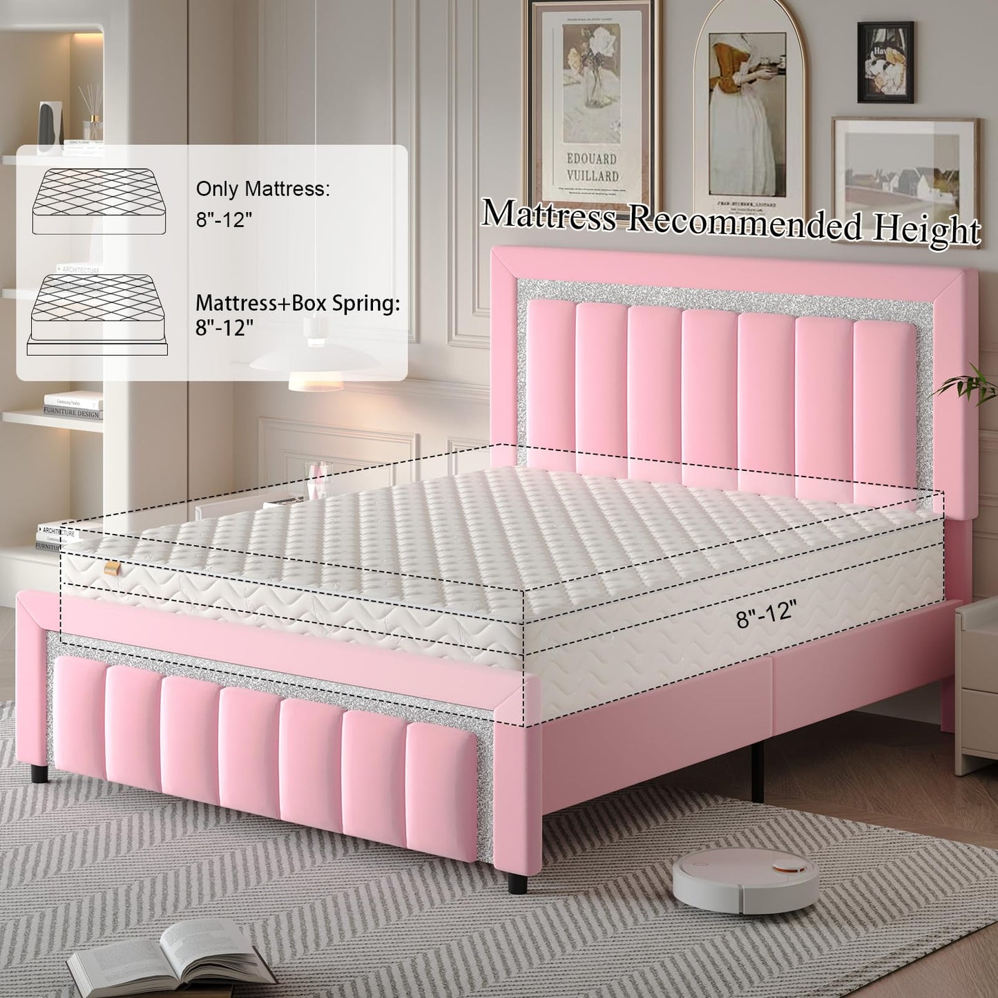 HOMBCK Queen Bed Frame, Upholstered Bed Frame with Diamond Headboard, Modern Queen Size Bed with Wooden Slats Support, Mattress Foundation, No Box Spring Needed, Easy Assembly, Pink