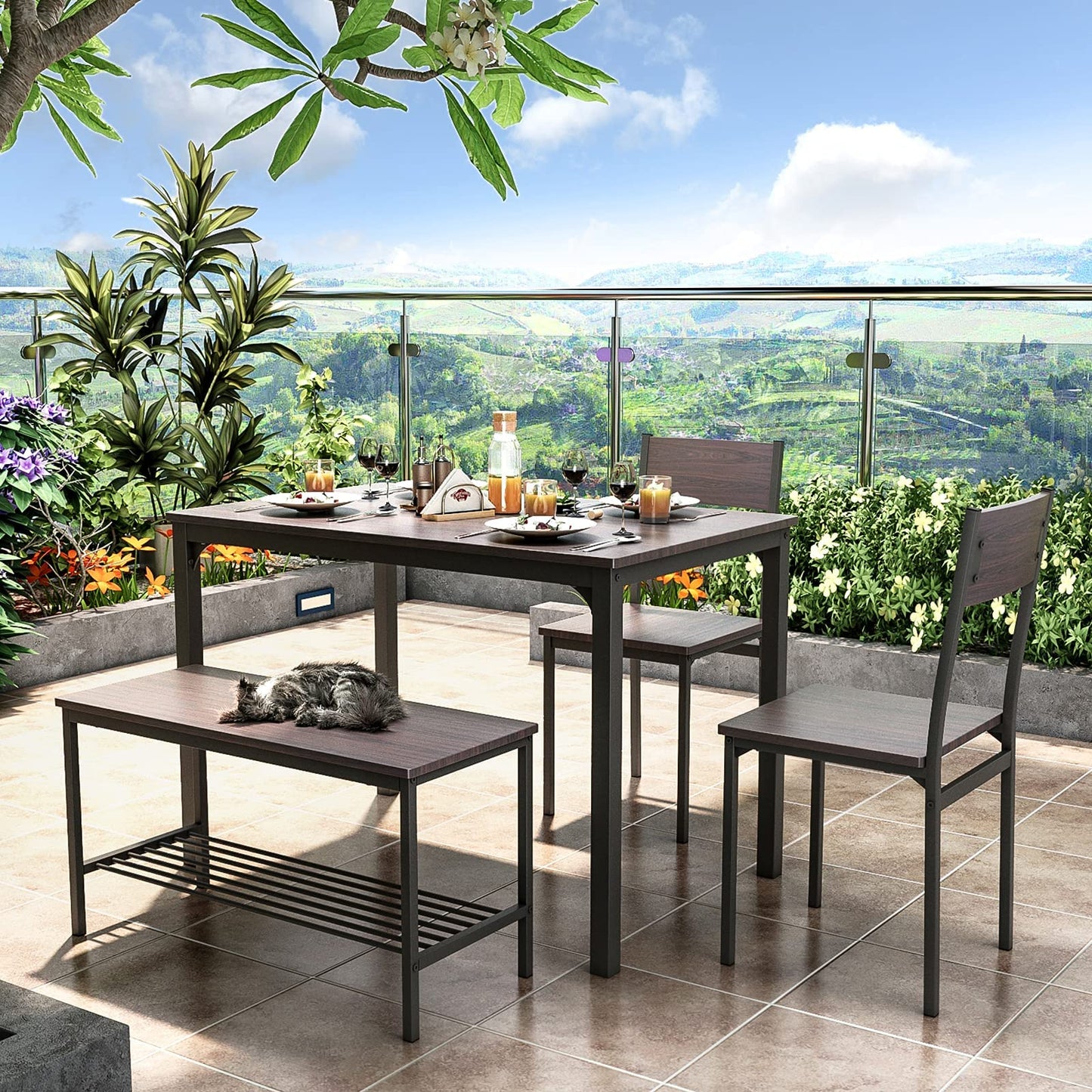 soges Dining Table Set for 4, 43.3 inch Kitchen Table Set with Chairs and Bench, 4 Piece Dining Room Table Set for Small Space, Apartment, Restaurant, Rustic Oak