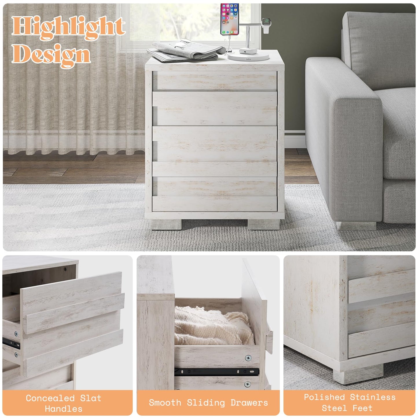 AMERLIFE Nightstand Set of 2 with Charging Station, Wood Bedside Table with 2 Drawers, Farmhouse End Table with Slated Handles & Stainless Steel Feet for Bedroom, Living Room, Distressed White