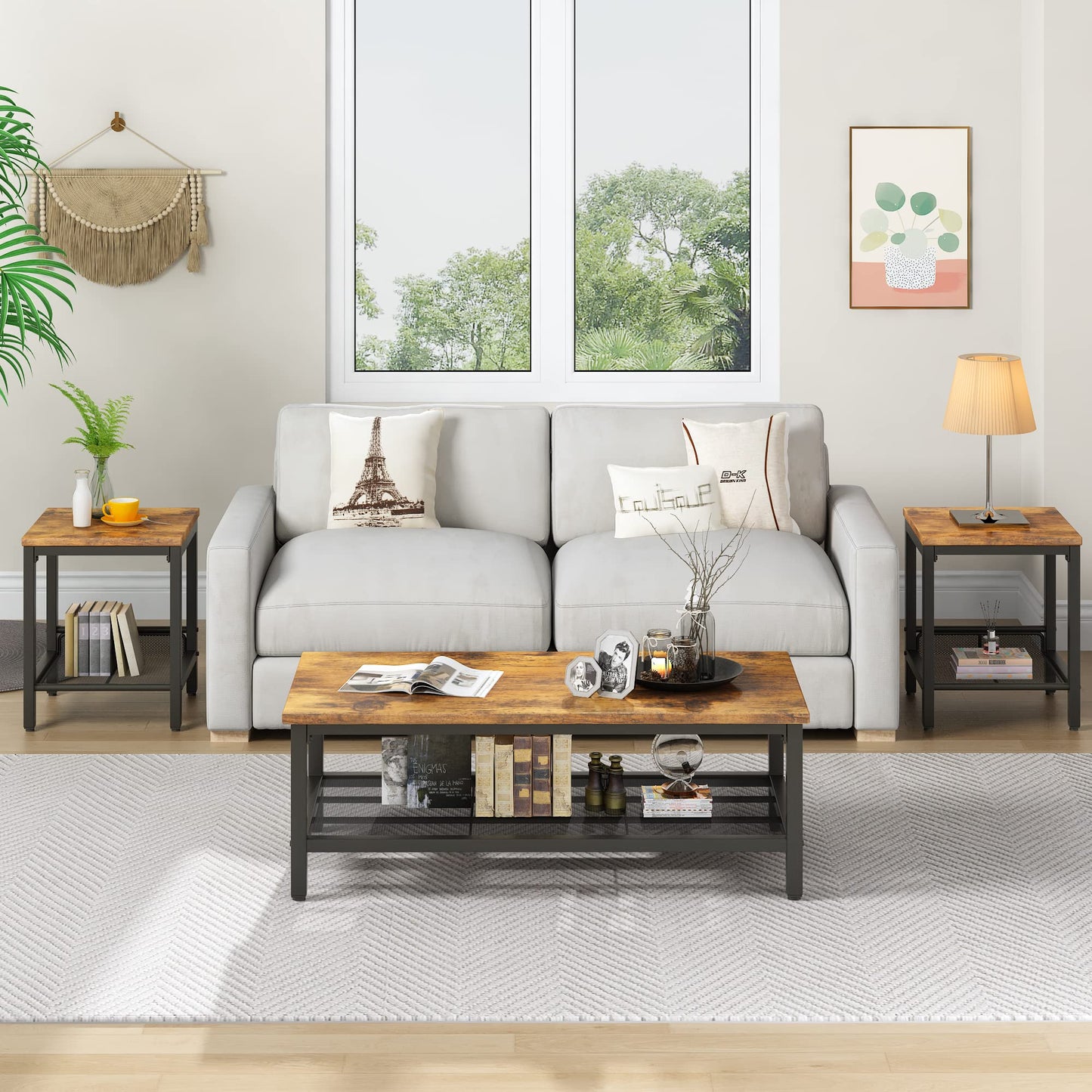 furlinkhm Coffee Table Set of 3, Industrial Coffee Table with 2 Square End Side Tables, Modern Living Room Table Set, with Metal Frame, for Apartment Home Office, Brown