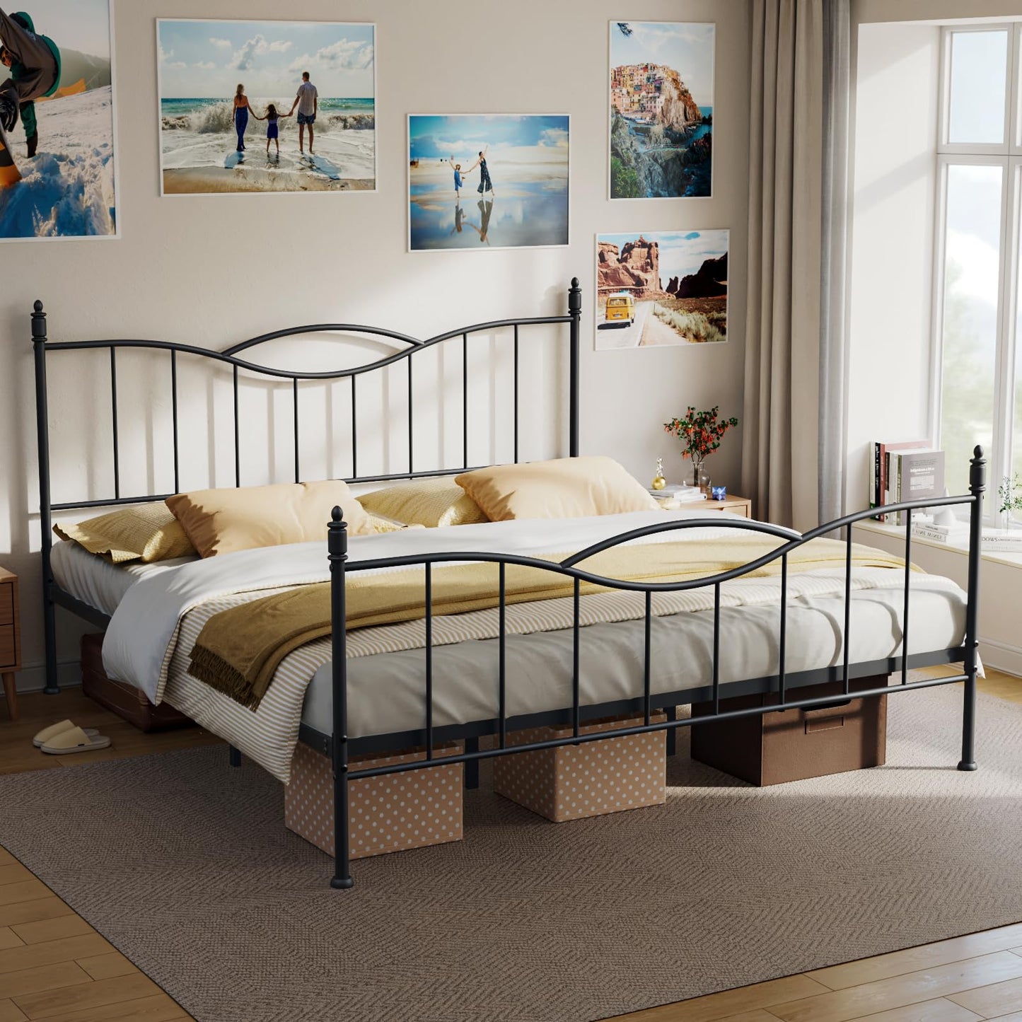 Florise King Size Bed Frame with Headboard,Metal Platform Bed Frame Mattress Foundation with Footboard, Under Bed Storage, Strong Metal Slats Support, No Box Spring Needed, Black