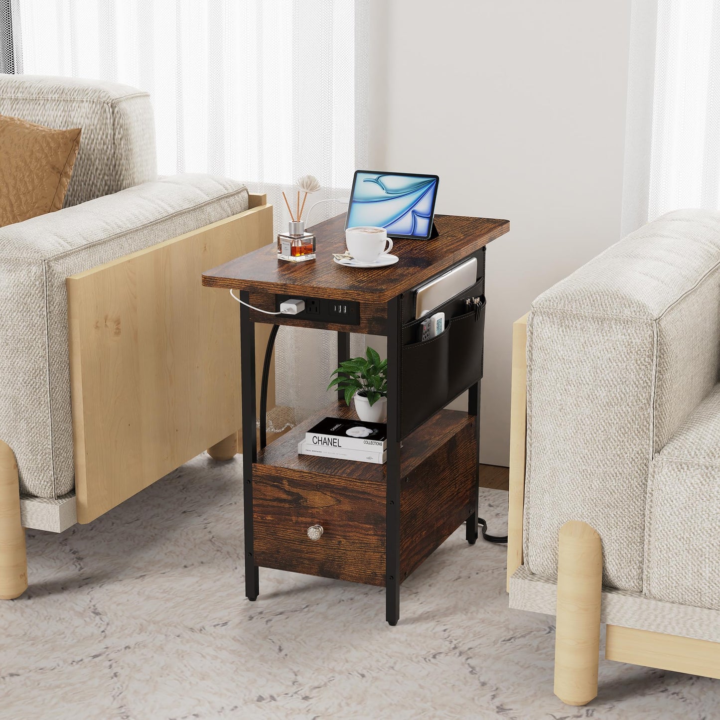Yenlure Small Side Table with Charging Station, Narrow Nightstand Bedside Tables with Storage Pocket for Living Room Bedroom, Sofa End Table with USB Ports and Power Outlets for Small Spaces