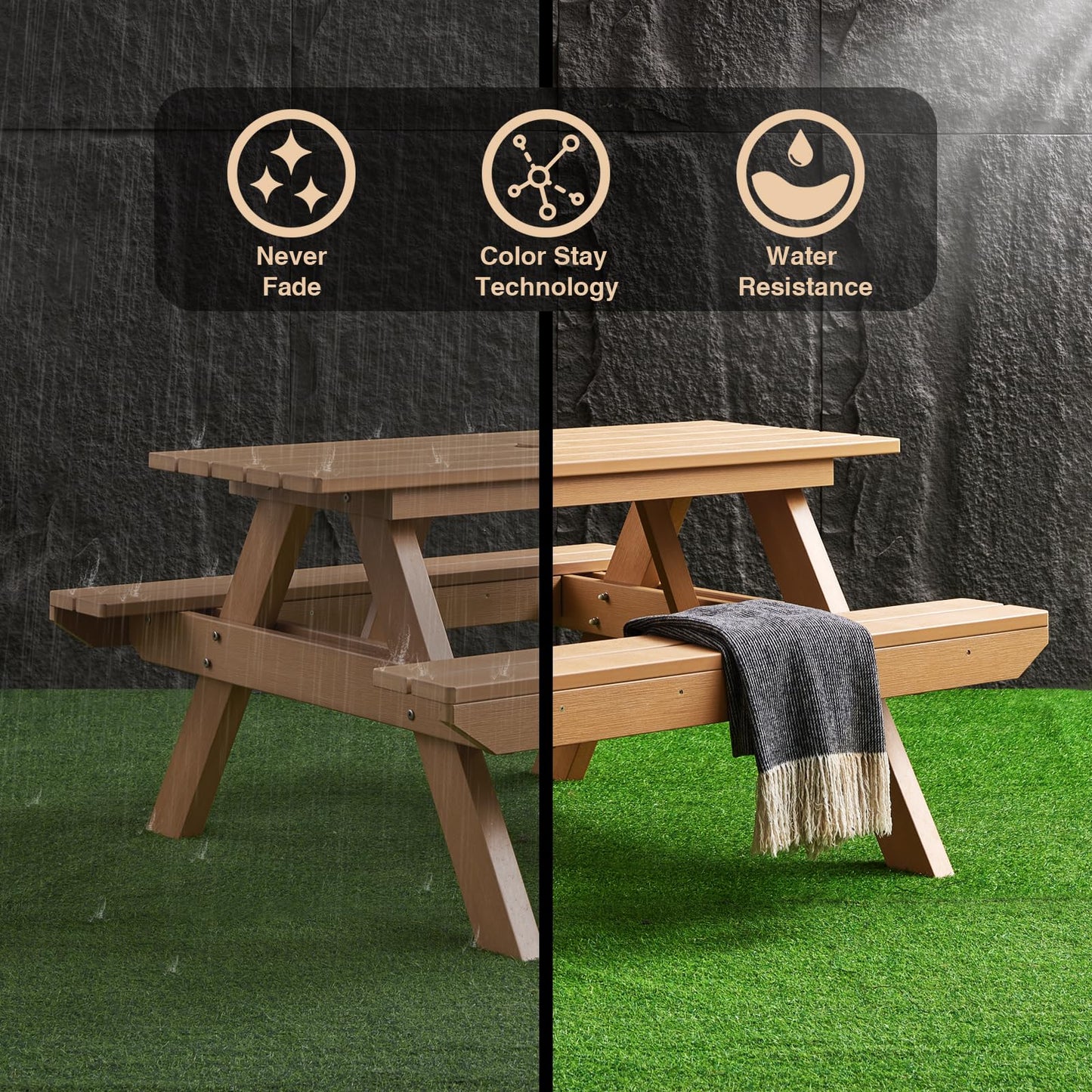 Psilvam Picnic Table - Heavy Duty Poly Lumber with Umbrella Hole & Integrated Benches, 100% Waterproof All-Weather for Patio, Garden (Teak Color)
