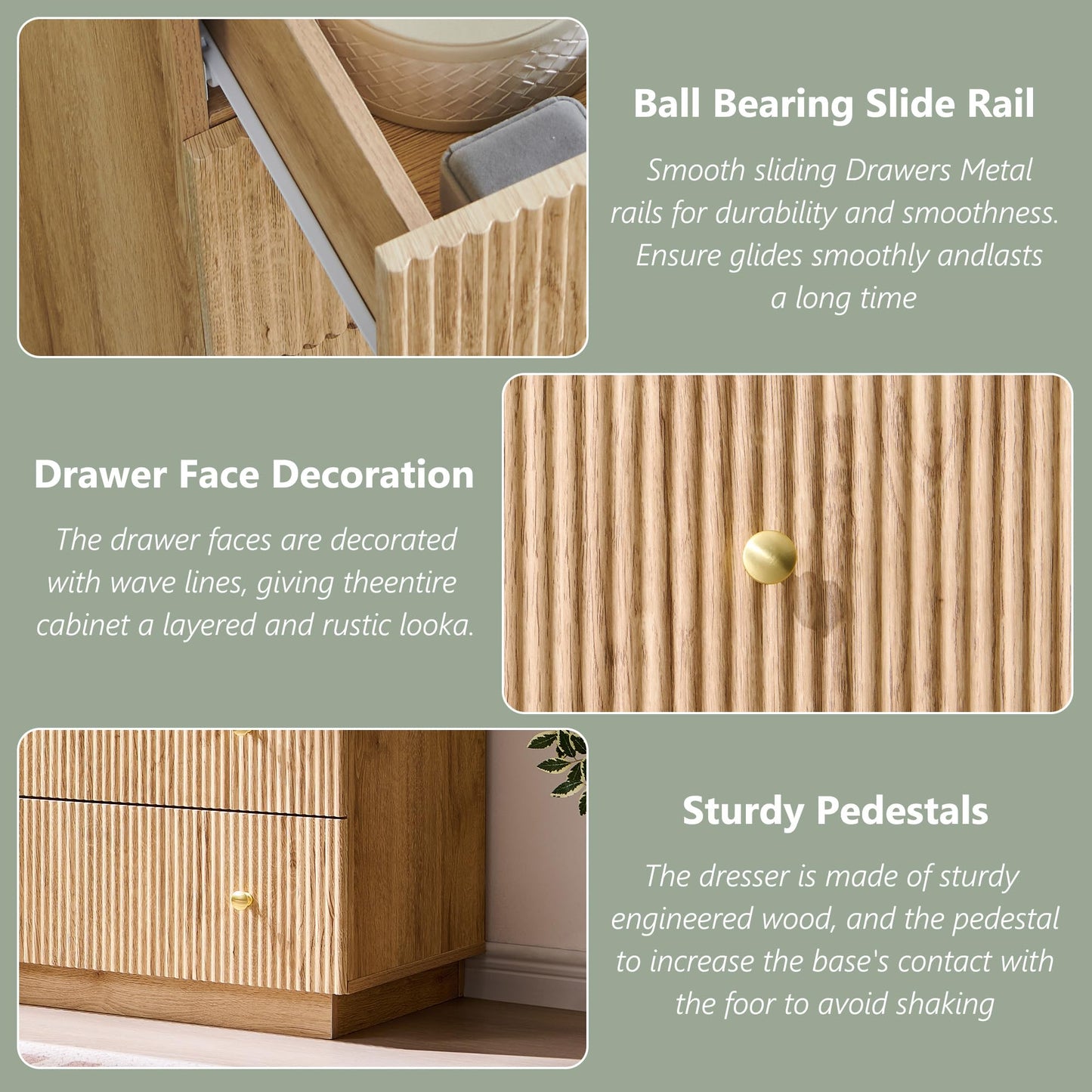 wow97e Fluted Dresser for Bedroom, 5 Drawer Dressers, Wood Tall Dresser Storage Organizer, Chest of Drawers with Deep Storage, Modern Bedroom Chest for Closet Hallway, Entryway, Living Room, Natural