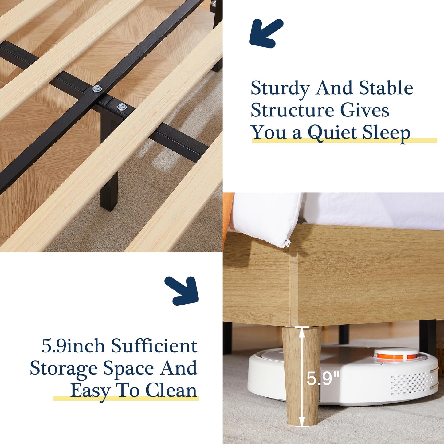 VECELO Twin Frame Upholstered Platform Height-Adjustable Cotton and Linen Headboard, Heavy Duty Wood Slats, 6" Under-Bed Space Noise-Free, No Box Spring Needed,Easy Assembly, Beige