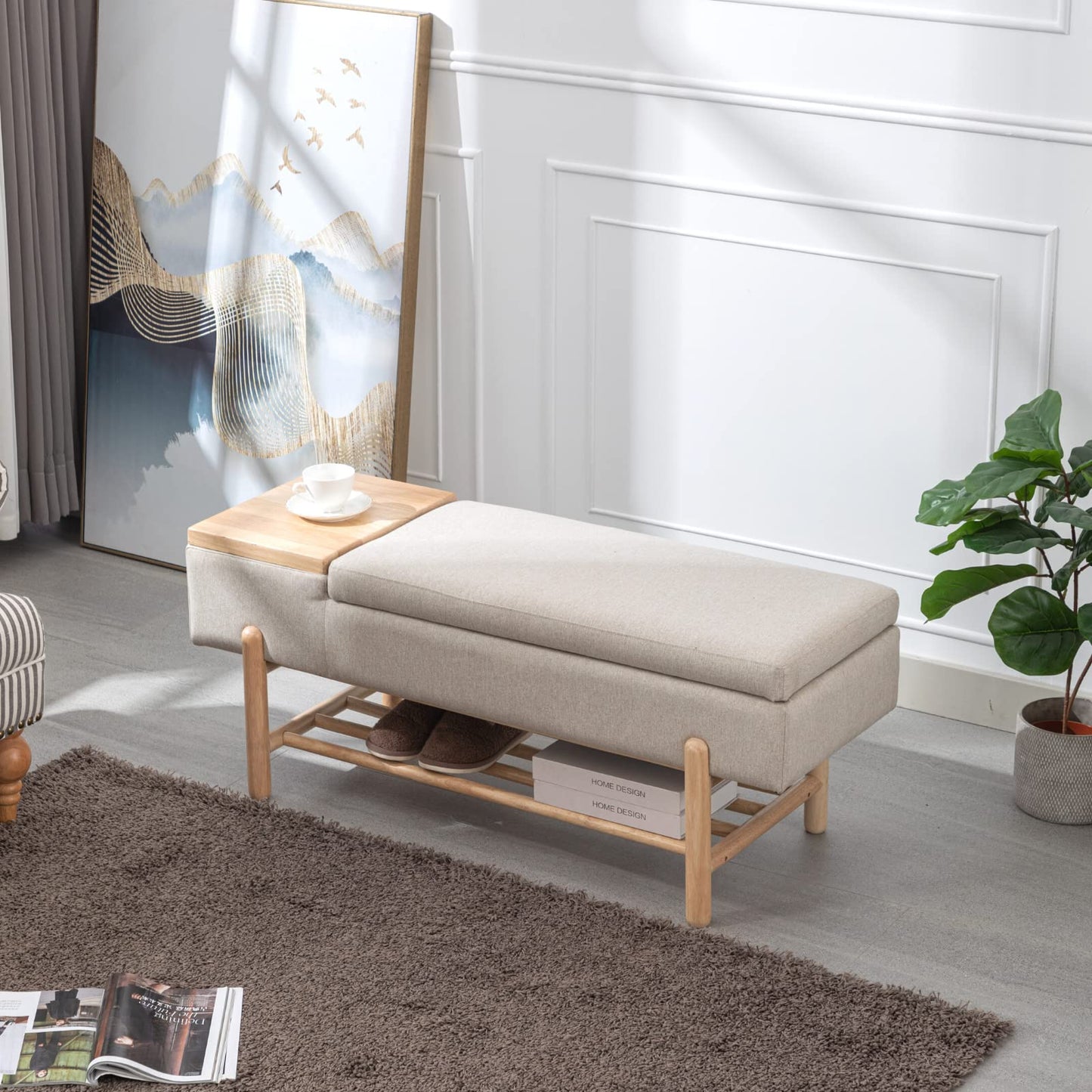 ROCITY Linen Fabric Bench for Bedroom End of Bed Beige Upholstered Storage Ottoman Bench with Cushion Seating for Living Room Entryway, Wood Legs