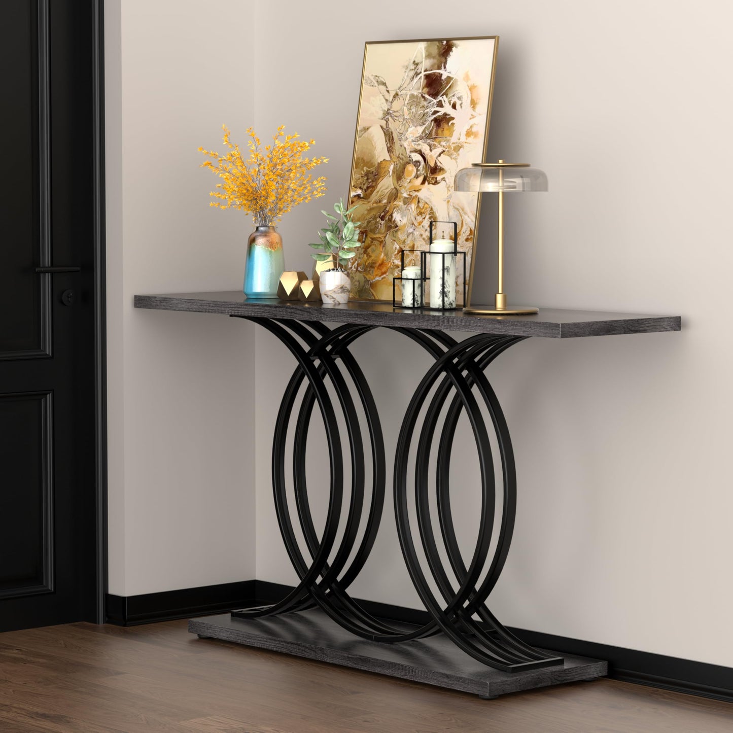 Keelian 54 Inch Console Table for Entryway, Hallway Sofa Table, End Tables for Living Room,Narrow Accent Decor Furniture with Circle Metal Legs for Foyer, Entrance