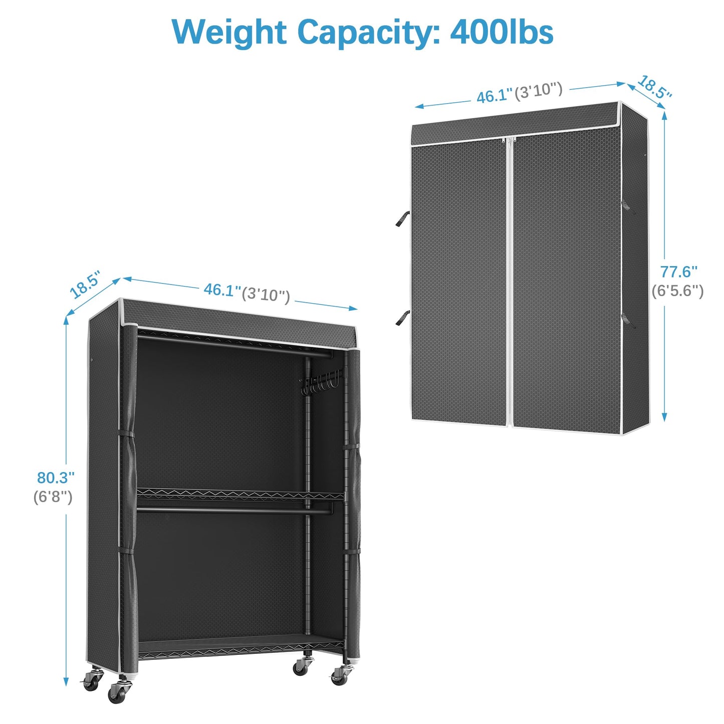 VIPEK R2C Plus Heavy Duty Rolling Garment Racks with Cover Clothing Rack for Hanging Clothes Portable Closet with Adjustable Wire Shelving & Double Rods, Black Rack with Black Upgarded Polyester Cover
