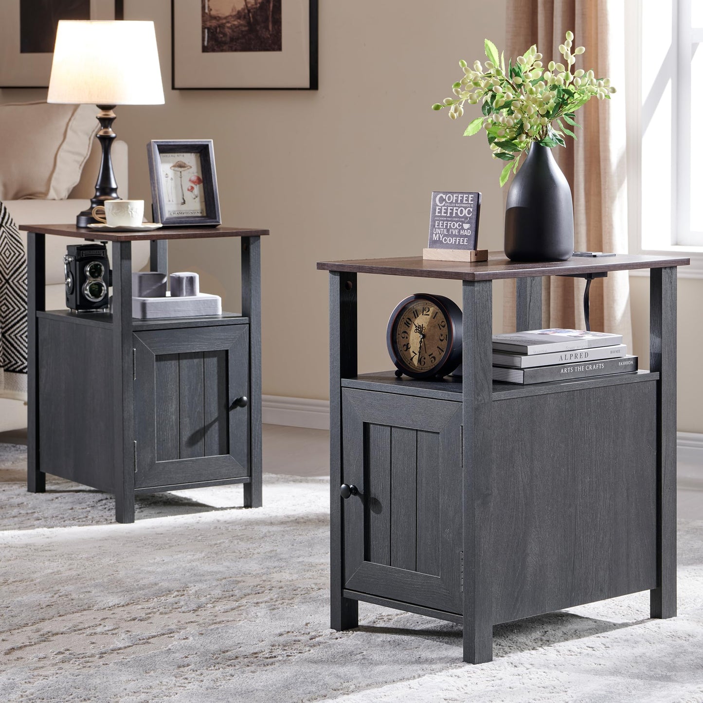 IFGET Farmhouse Nightstand Set of 2, End Table with Charging Station, Rustic Side Table w/Barn Door & Open Shelves, Bedside Table w/Storage Space and Storage Cabinet for Bedroom, Living Room Dark Grey