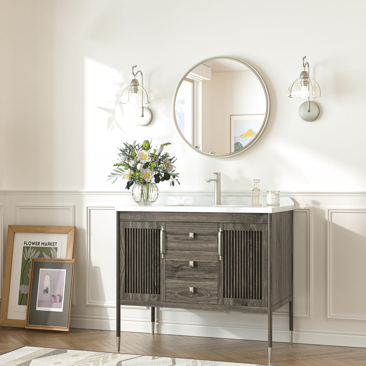 TokeShimi 16 in Round Bathroom Vanity Mirror Framed Brushed Nickel Bathroom Mirror for Wall Farmhouse, 16x16 Shatterproof Circle Bathroom Mirrored for Living Room, Bedroom, Entryway, Restroom