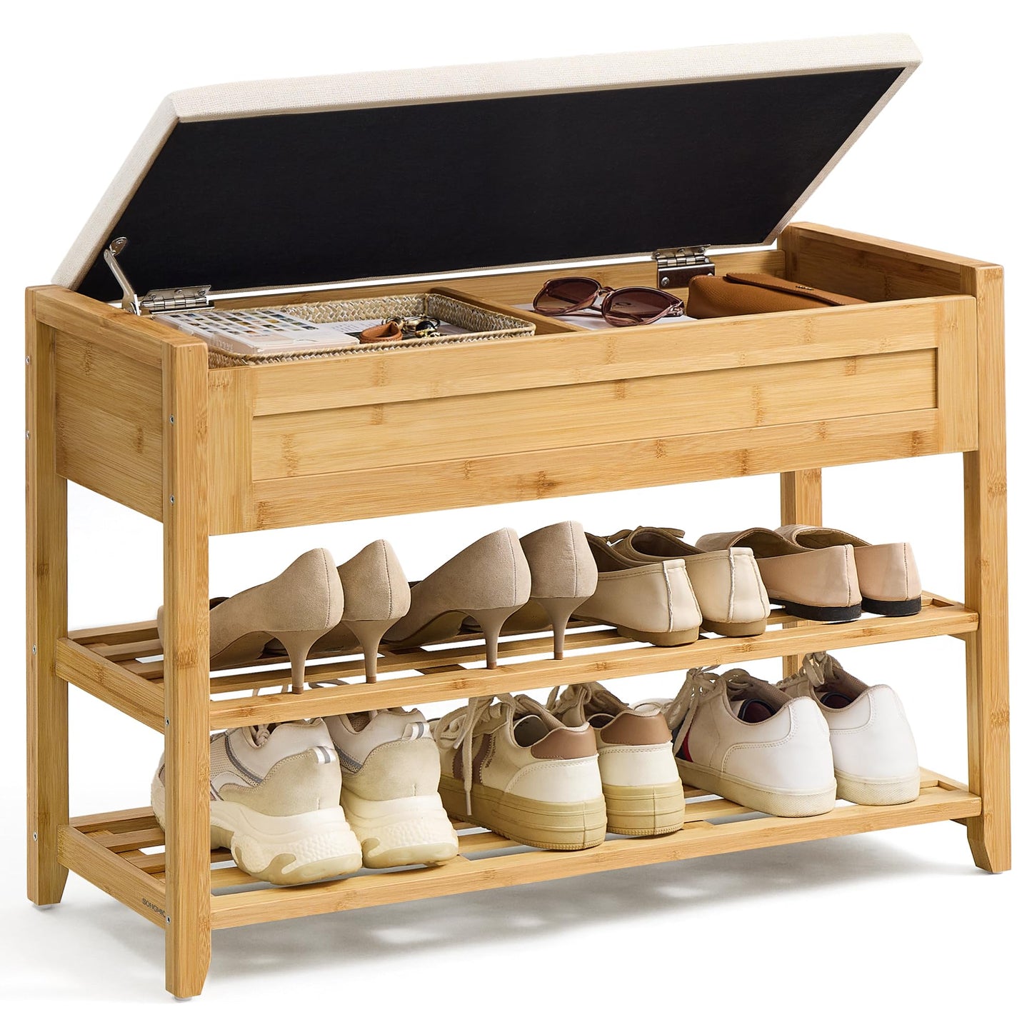SONGMICS Storage Bench, Bamboo Shoe Rack, Entryway Furniture, 31.5 Inches Wide, Hidden Storage Compartments, 2-Tier Shoe Shelves, for Entryway, Living Room, Bedroom, Dorm, Natural Beige ULSB056N01