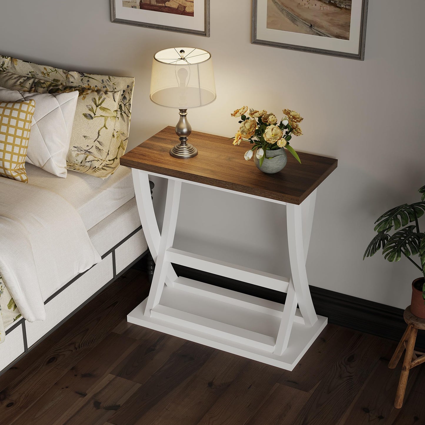 ChooChoo Farmhouse End Tables Living Room Set of 2, Narrow Side Table with Storage Shelf, Modern X-Design Slim End Table for Living Room, 11.8" D*23.6" W*23.4" D