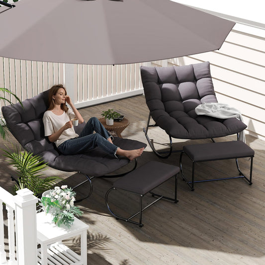 DAYARUS Upholstered Outdoor Rocking Chairs, Modern Patio Rocking Chair Set of 2 with Foot Rest, Study Metal Papasan Rocking Chair, Cozy Rockings Recliner Chair for Bedroom/Living Room/Lawn, Gray