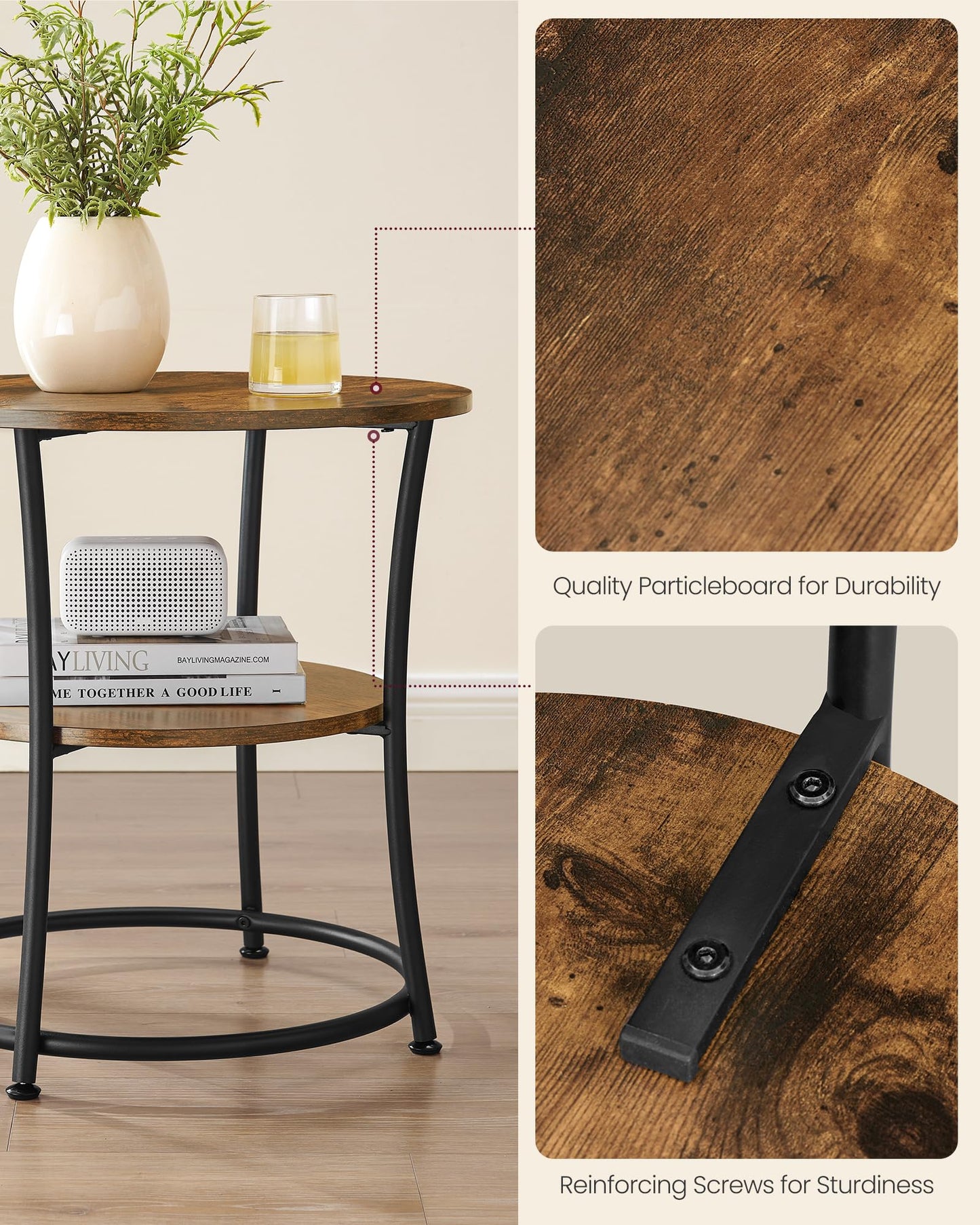 VASAGLE Side Table, 2-Tier Round End Table with Power Outlets, Nightstand with Steel Frame for Small Spaces, Living Room, Bedroom, Rustic Brown and Ink Black ULET077K01