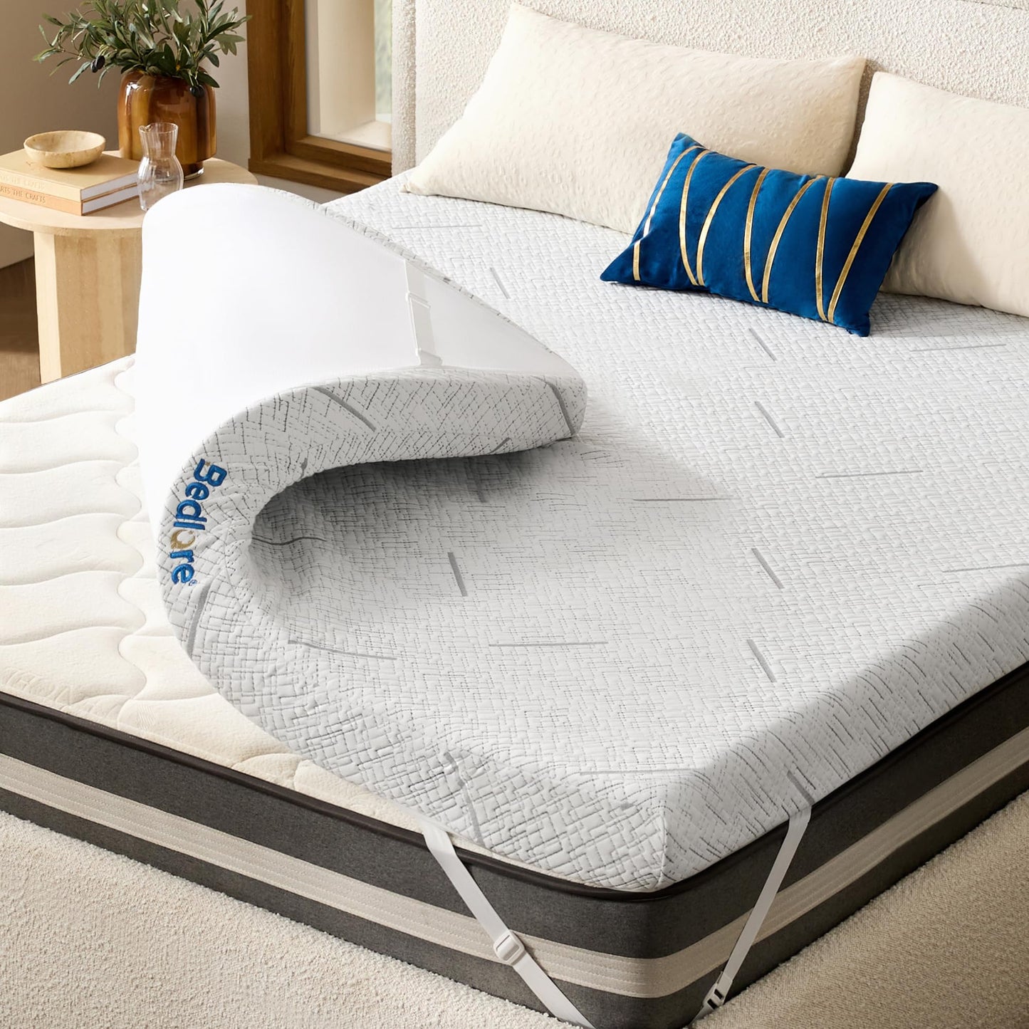BEDLORE Queen Mattress Topper, 3 Inch Gel Memory Foam Mattress Pad with Straps for Back Pain Relief, Breathable & Non-Slip with Removable Washable Cover