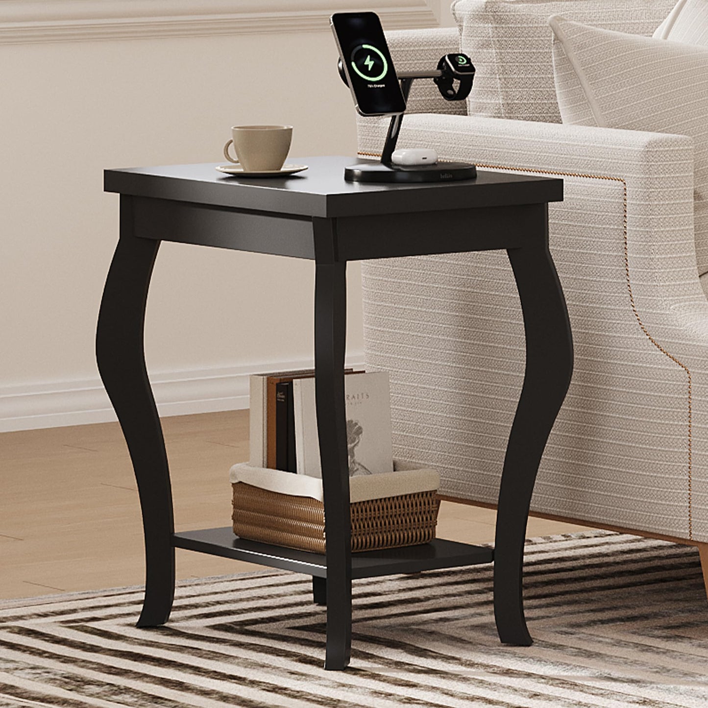 ChooChoo End Tables Living Room, Side Tables Living Room with Curved Legs and Storage Shelf, Small End Tables for Small Spaces, Black