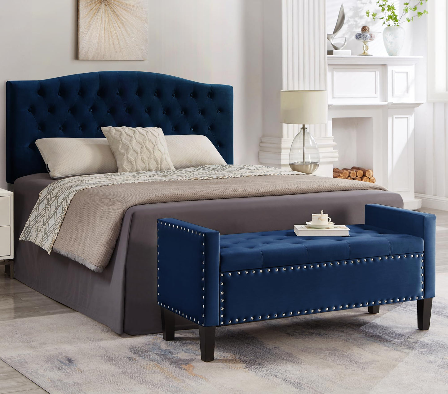 Favfurish Velvet Storage Ottoman with Armrests and Nails Trim,Entryway Living Room Soft Padded Seat,Bed Bench Bedroom End of Bed,Navy (48”L X 18.5” W X 22” H)