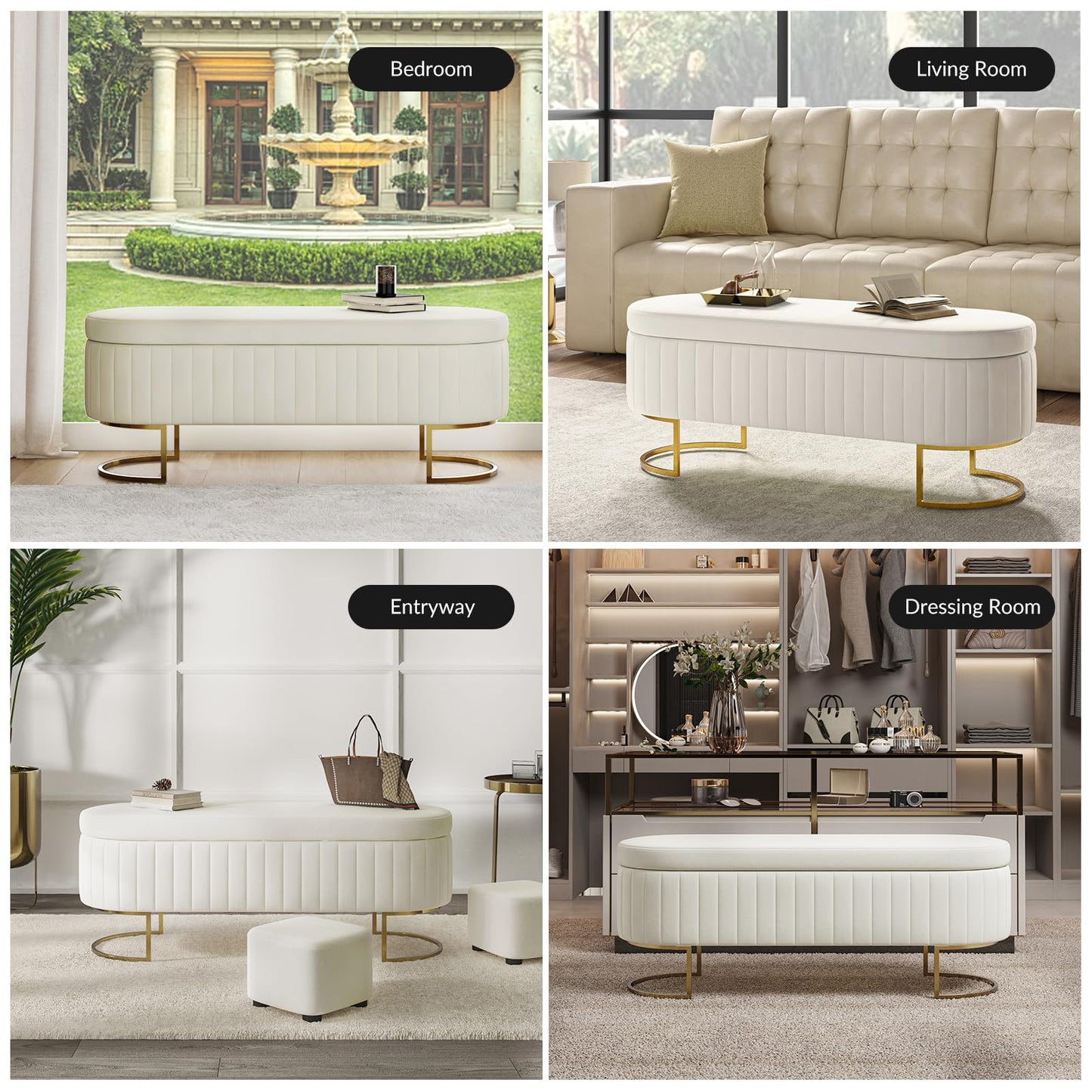 EcoHarbor Living 50" Storage Ottoman Bench with 2 Additional Ottomans, End of Bed Bench Bedroom Bench, Upholstered Velvet Long Window Bench with Gold Legs, Flipping Lid Entryway Footrest