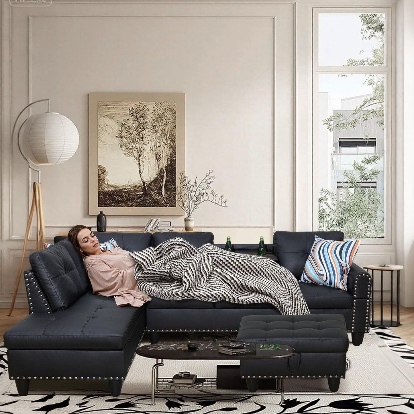 FONTOI L Shaped Sectional Couch with Cup Holders, 97" Sectional Sofa for Living Room Modular Couches with Otttoman for Bedroom, Apartments