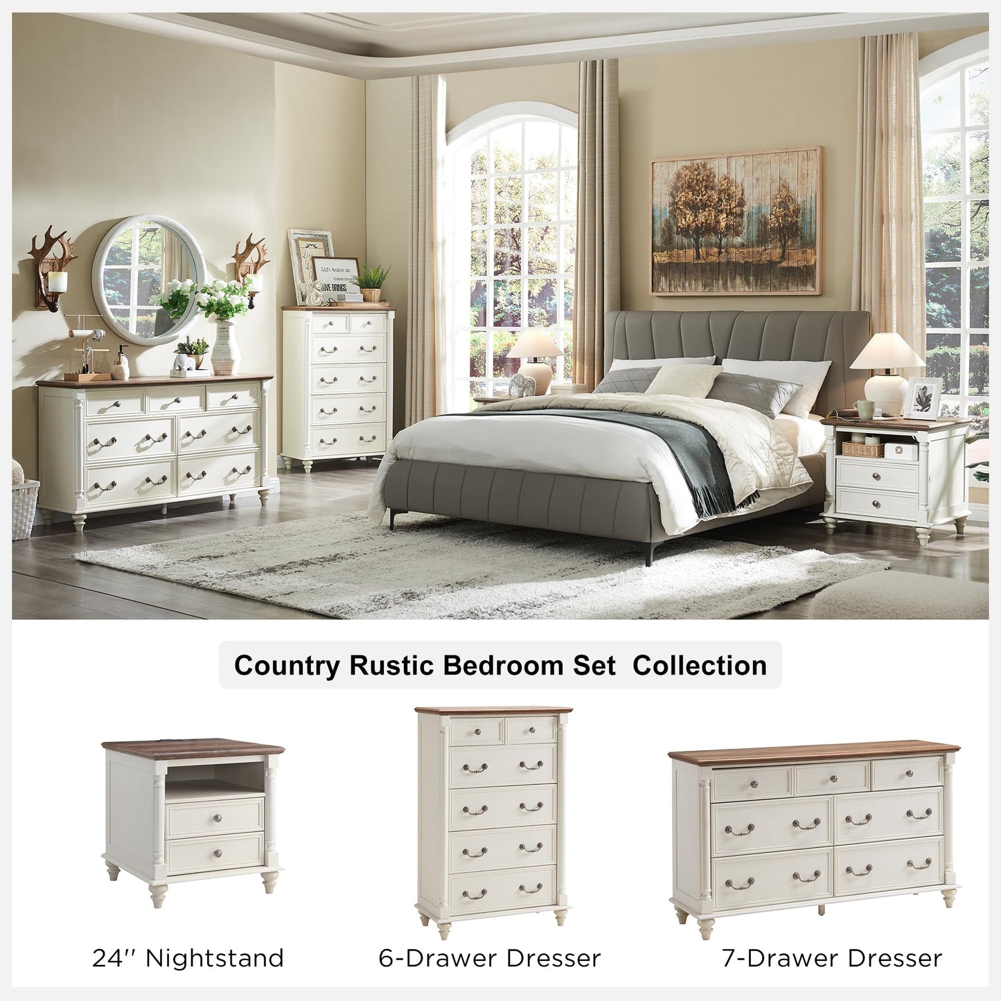 T4TREAM Farmhouse 6 Drawers Dresser Chests for Bedroom w/4 Solid Wood Feet &Column Decor, Tall Wood Rustic Chest of Drawers, Storage Dressers Organizer for Bedroom, Living Room, Nursery, Antique White