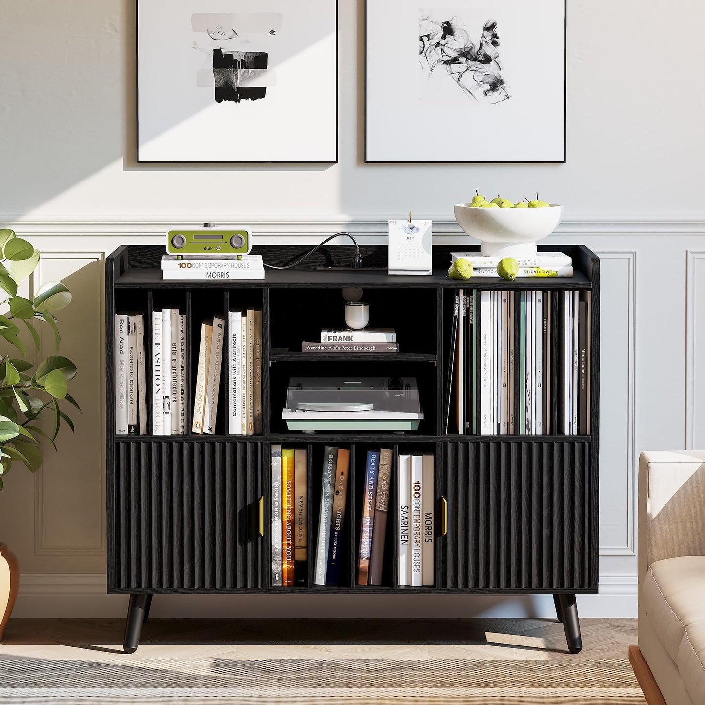 IRONCK Storage Shelf Bookcase, Bookshelf with Doors, Multifunctional Display Cabinet with Power Outlet, Suitable for Various Scenarios, Black