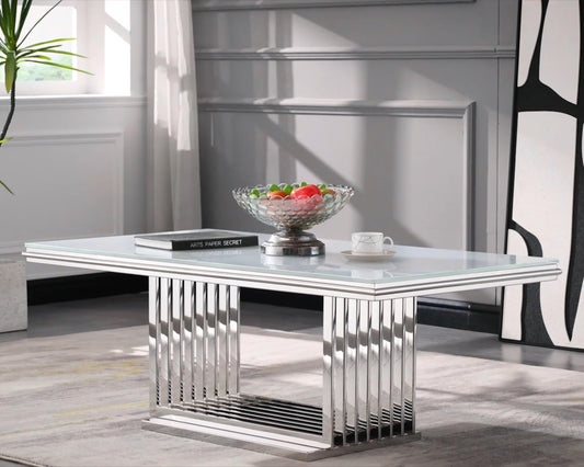 AUZ Silver Coffee Table, 50" White Glass Coffee Table for Living Room, Modern Rectangular Center Table with Gorgeous Mirrored Stainless Steel Base