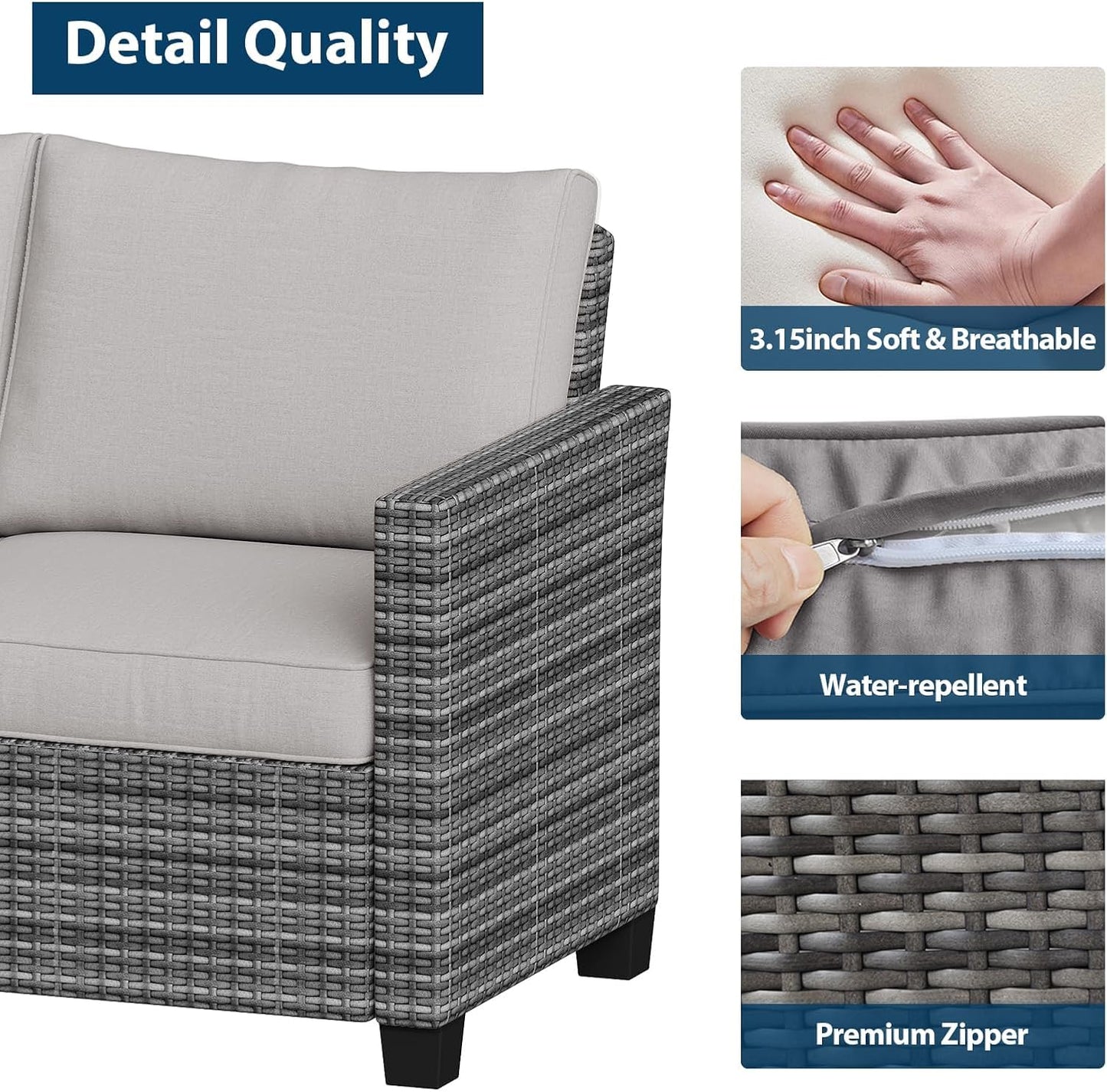 GAOMON 5 Piece Outdoor Patio Furniture Sets, Wicker Conversation Set for Porch Deck, Gray Rattan Sofa Chair with Blue Cushion, Brown