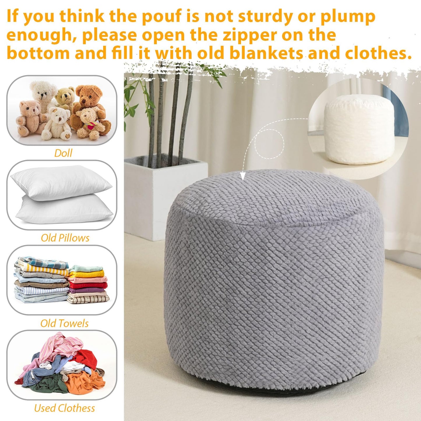 Round Stuffed Pouf Ottoman for Foot Rest, Faux Fur Poufs with Foam Chunk Filling, Storage Ottoman Pouf Foot Stool Cushion Poufs, 20 X 15 Inch Floor Chair for Living Room Bedroom Home Decor, Gray