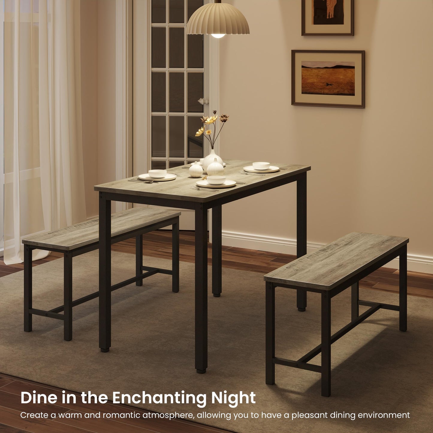 SumKea Dining Table Set for 4, Kitchen Room Table Set with 2 Benches, 3-Piece Dining Chairs Set for Breakfast Nook, Grey