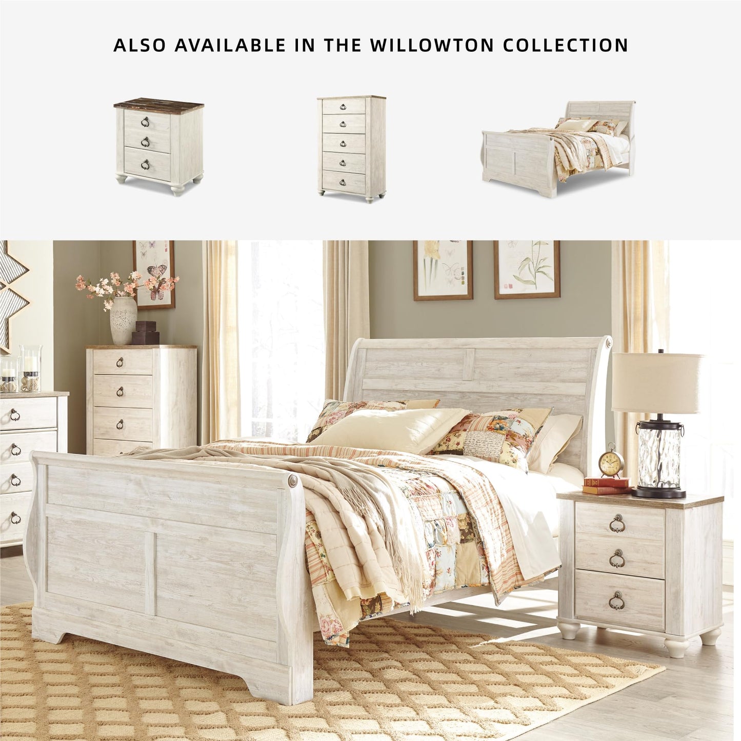 Signature Design by Ashley Willowton Farmhouse 2 Drawer Nightstand with USB Charging Ports, 25.67" Tall, Whitewash