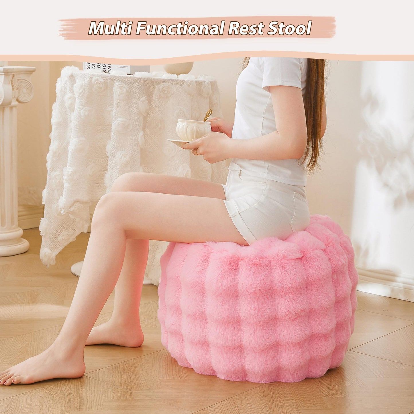 LIFEREVO Faux Rabbit Fur Round Inflatable Pouf Ottoman, 20" X 16" Plush Fuzzy Waffle Bubble Floor Poufs Foot Rest for Living Room Bedroom, Furry Pouf Chair Foot Stool Home Decor, Anti-Slip, Pink