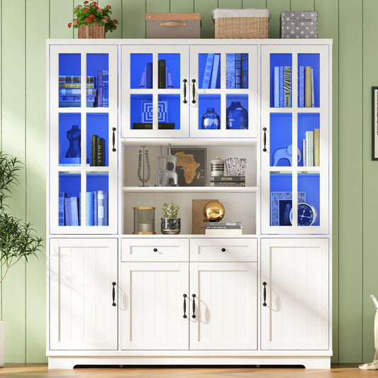 AMERLIFE 79" Tall Storage Cabinet with Glass Doors & LED Lights, Modern Large Display Cabinet with Drawer & Adjustable Shelves, Accent Furniture for Study/Living Room, Dining Room, Home Office, White