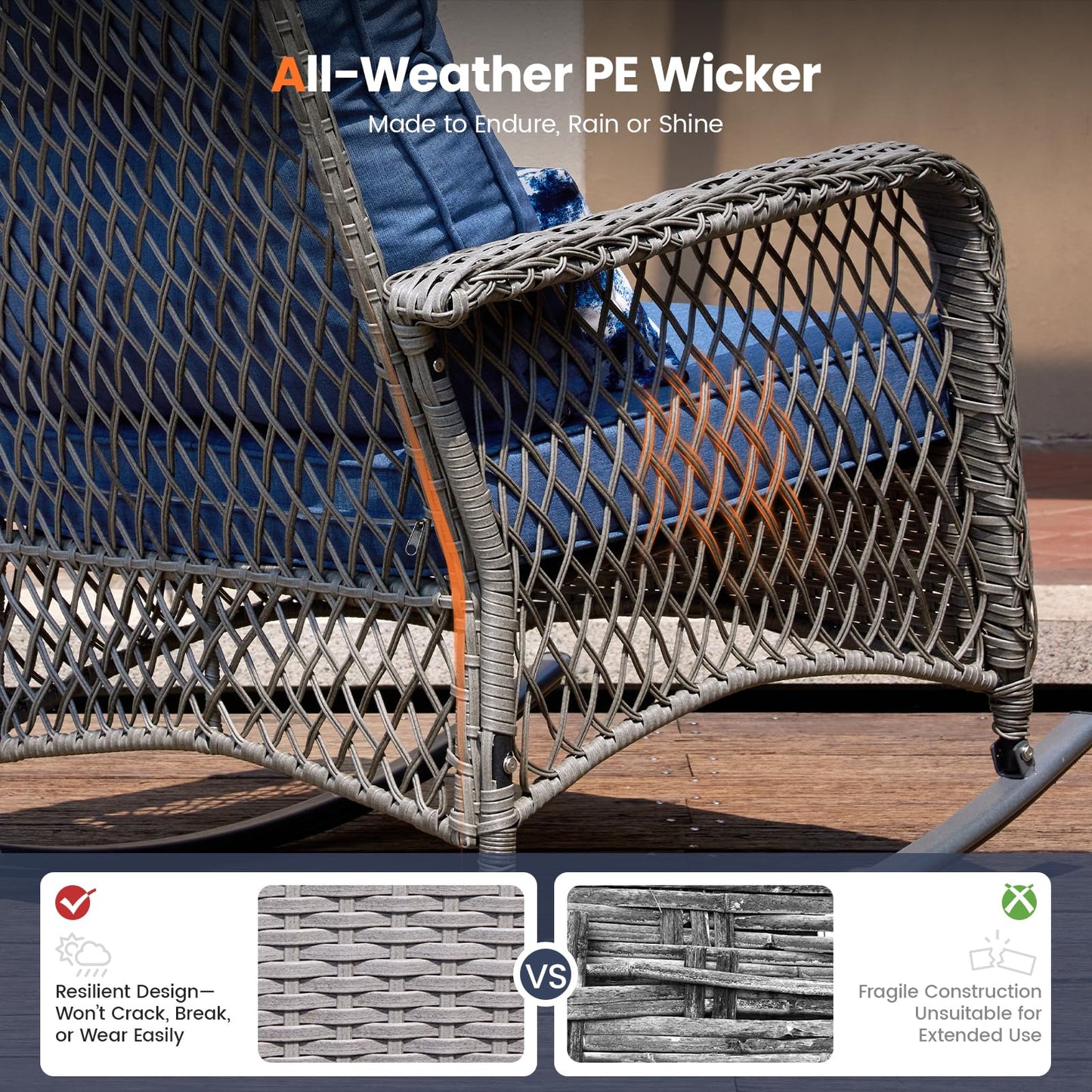 UDPATIO 3 Piece Patio Rocking Chair Set, Wicker Rocking Bistro Set with 2 Rockers and 1 Side Table with 4‘’ Thick Cushions for Backyard, Porch, Balcony, Poolside, Grey/Blue