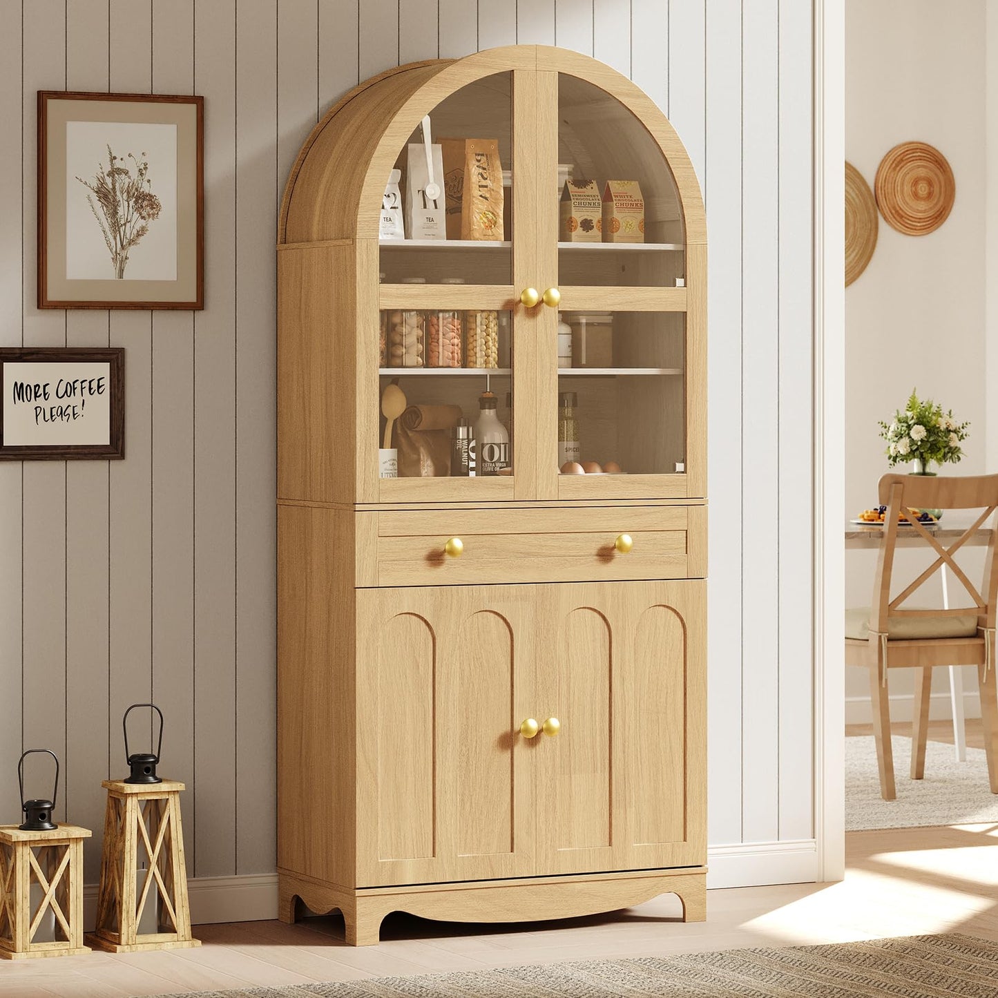 HOOBRO Arched Kitchen Pantry Cabinet, 71" Tall Pantry Cabinet with Drawer, Glass Door and Adjustable Shelves, Farmhouse Kitchen Storage Cabinet, for Living Room, Dining Room, Natural NL63PC01