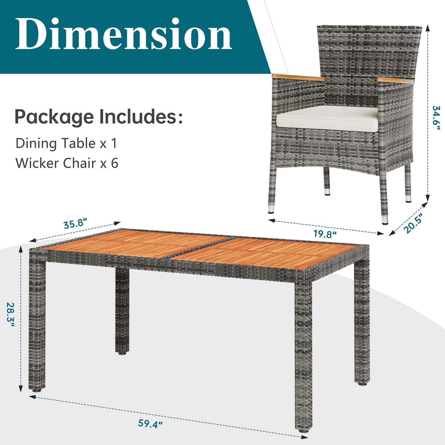 Shintenchi 7 Pieces Patio Dining Set, Wicker Patio Furniture Set with Soft Cushions and Wood Table Top, Outdoor Dining Table and Chairs for Backyard, Deck and Garden, Grey Rattan