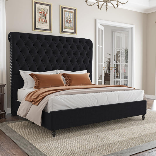 AMERLIFE King Size Bed Frame with 60" Tall Wingback Headboard, Velvet Upholstered Platform, Button Tufted Sleigh Design, No Box Spring Needed,Black