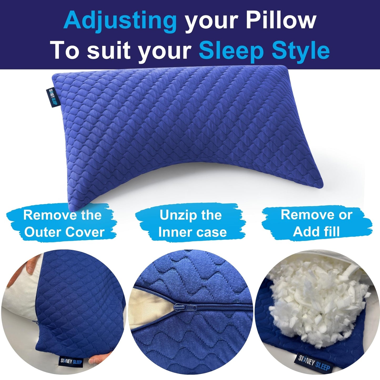 Sidney Sleep Pillow for Side and Back Sleepers - Comfort for Neck and Shoulder Pain - Adjustable and Customizable Shredded Memory Foam Filling - King Size - Extra Foam Fill Included (Blue, King)