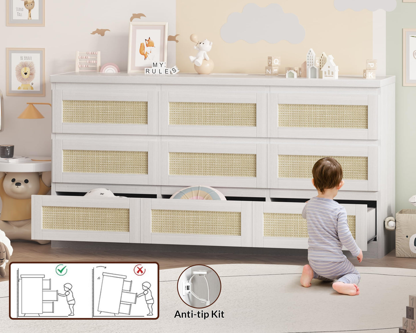 Hipicute Rattan Dresser for Bedroom, 9 Drawer Dresser with Charging Station, Farmhouse Wood Chest of Drawer with Strong Base, Storage Organizer for Living Room, Hallway, White