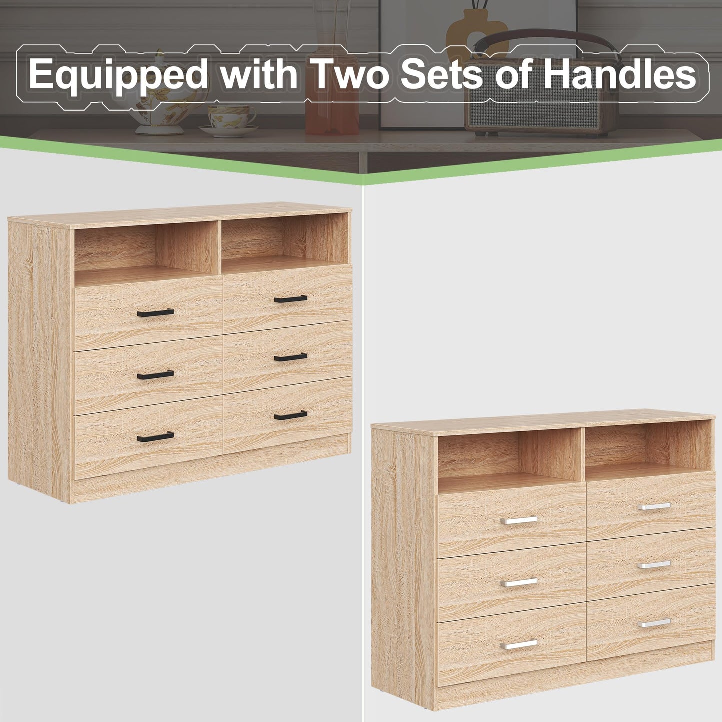 Bigbiglife 6 Drawers Dresser for Bedroom Wooden Drawer with Open Storage Cubby, Double Wide Dresser Organizer for Bedroom, Living Room, Entryway, Hallway (Light Oak)