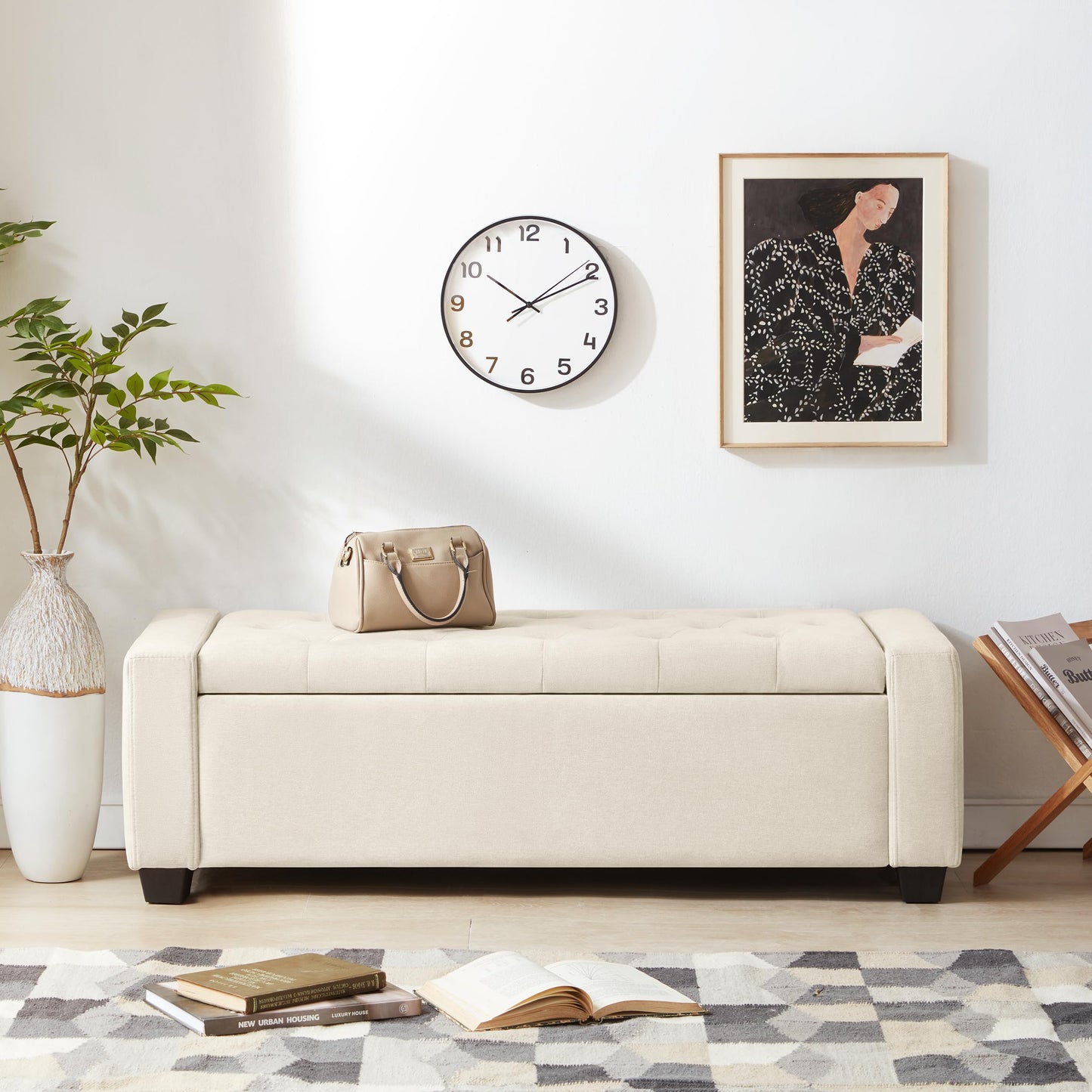 Huatean Home Ottoman with Storage, Storage Ottoman Bench with Safety Hinge, Upholstered Entryway Bench with Seating for Bedroom, Living Room, Holds up to 330 lb, Beige