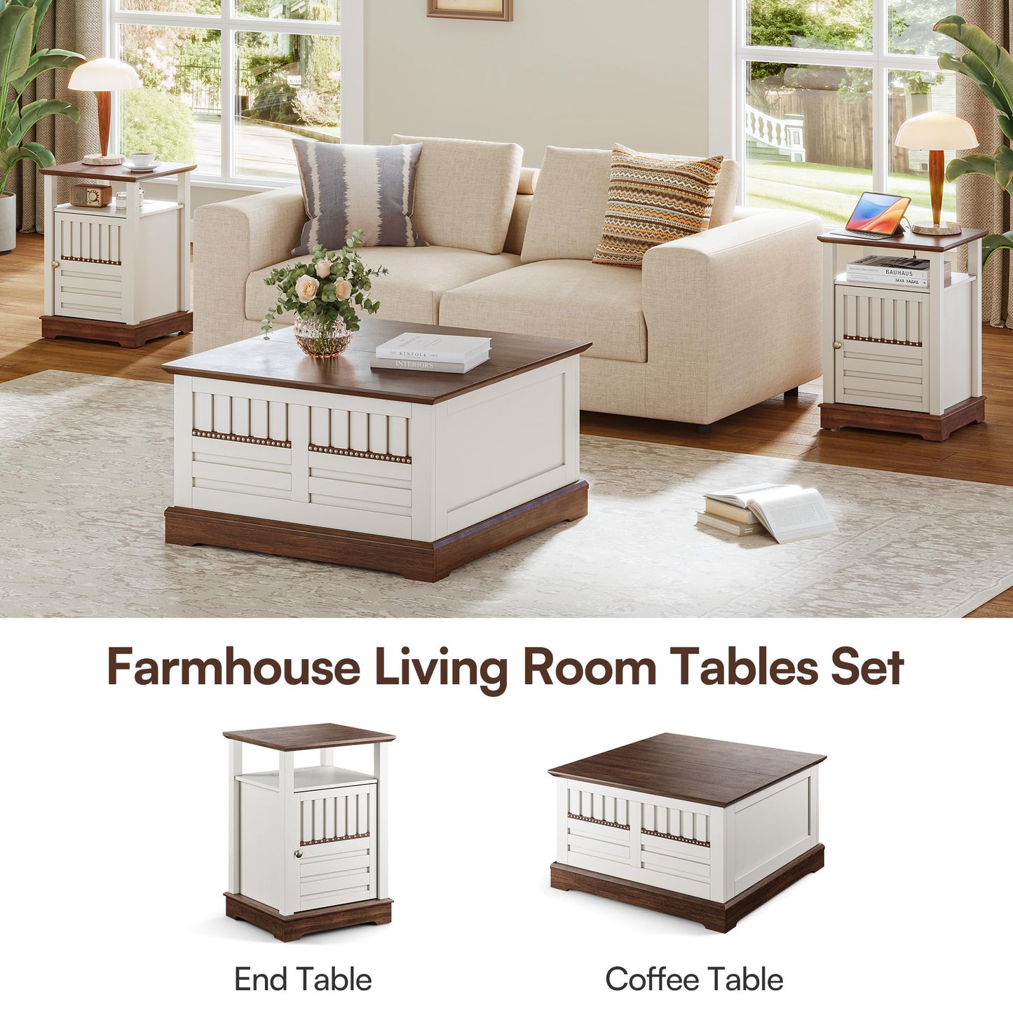 Farmhouse End Table with Charging Station, 18'' Wide Rustic Nightstand w/Rivet Barn Door & Adjustable Storage Shelf, Wood Sofa Side Tables w/Open Shelf & Storage Cabinet for Living Room, Bedroom