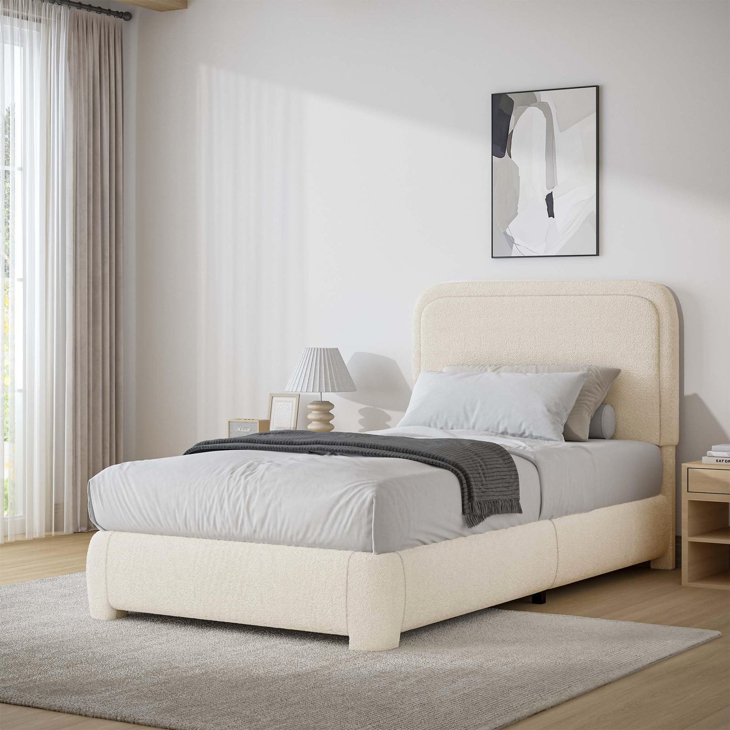 Twin Size Bed Frame, Boucle Upholstered Platform Bed Frame with Headboard, Modern Style, Soft Rounded Corners, No Box Spring Required, Easy Assembly, Cream