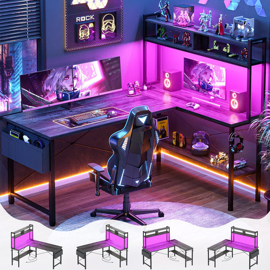 Aheaplus L Shaped Desk Gaming Desk, 59" L Shaped Computer Desk with LED Light & Power Outlet, Reversible Home Office Desk Gamer Desks with Shelves & Storage Bag & Hooks, Corner PC Desk, Black Oak