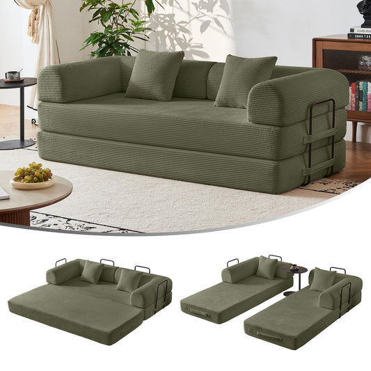 Bsxupke 79" Compression Sofa, Convertible Sleeper Sofa Bed, Couch Bed with Fixed-Shape Frame, Corduroy Floor Sofa, Couches for Living Room with 2 Pillows, No Assembly Required, Green