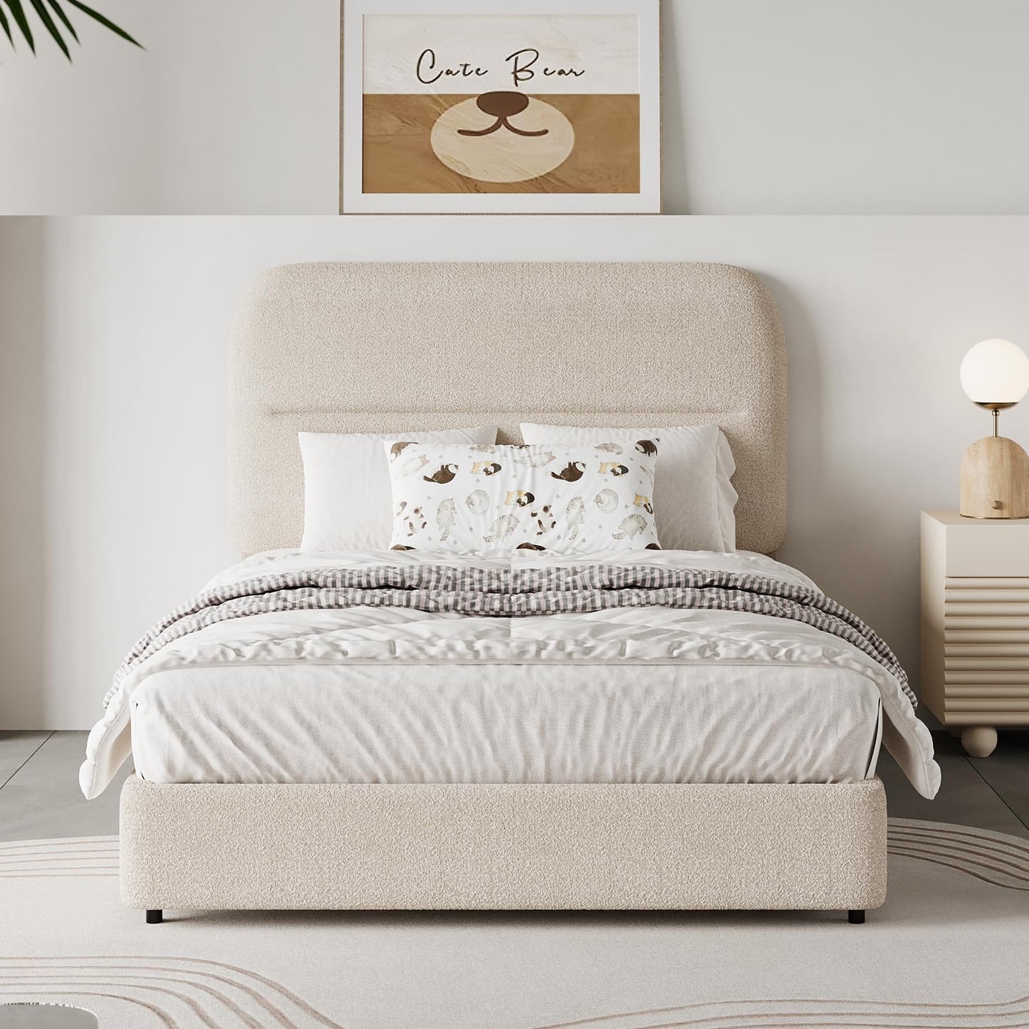 Twin Size Boucle Bed Frame, Upholstered Bed Frame with Headboard, Twin Bed Frames for Kids, Thickened Footboard/Rounded Corners/Adjustable Headboard/No Box Spring Needed/Easy Assembly, Beige