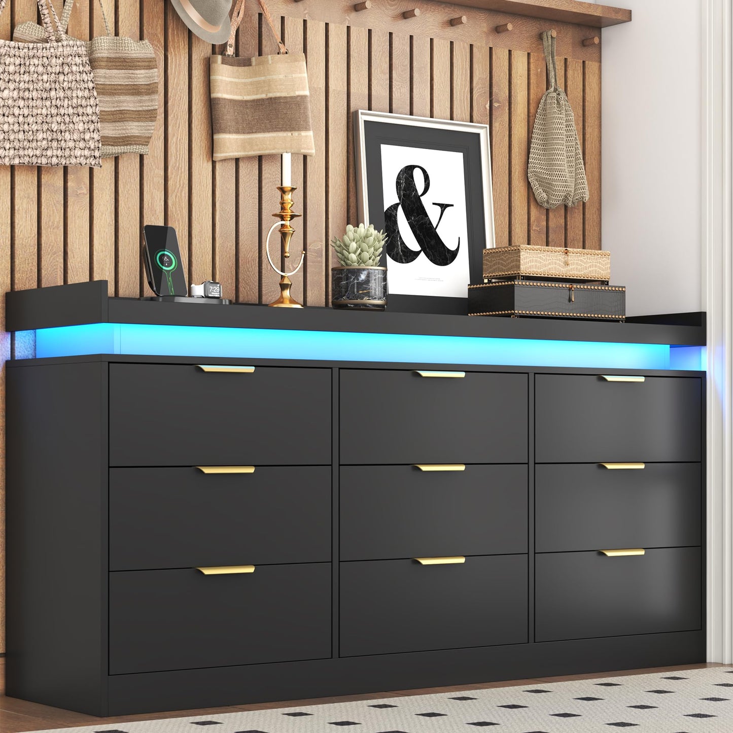 knoworld 9 Drawer Dresser for Bedroom, Black Dresser with LED Lights and Power Outlet, Large Dresser Wooden Long Dresser, Triple Wide Drawer Dresser for Bedroom, Entryway, Hallway