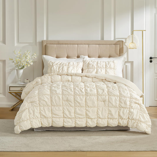Amélie Home Beige Comforter Set King, Bubble Lightweight Bed Set King Size for All Seasons, 3 Pieces, Bedding Set with Comforters and Pillow Cases