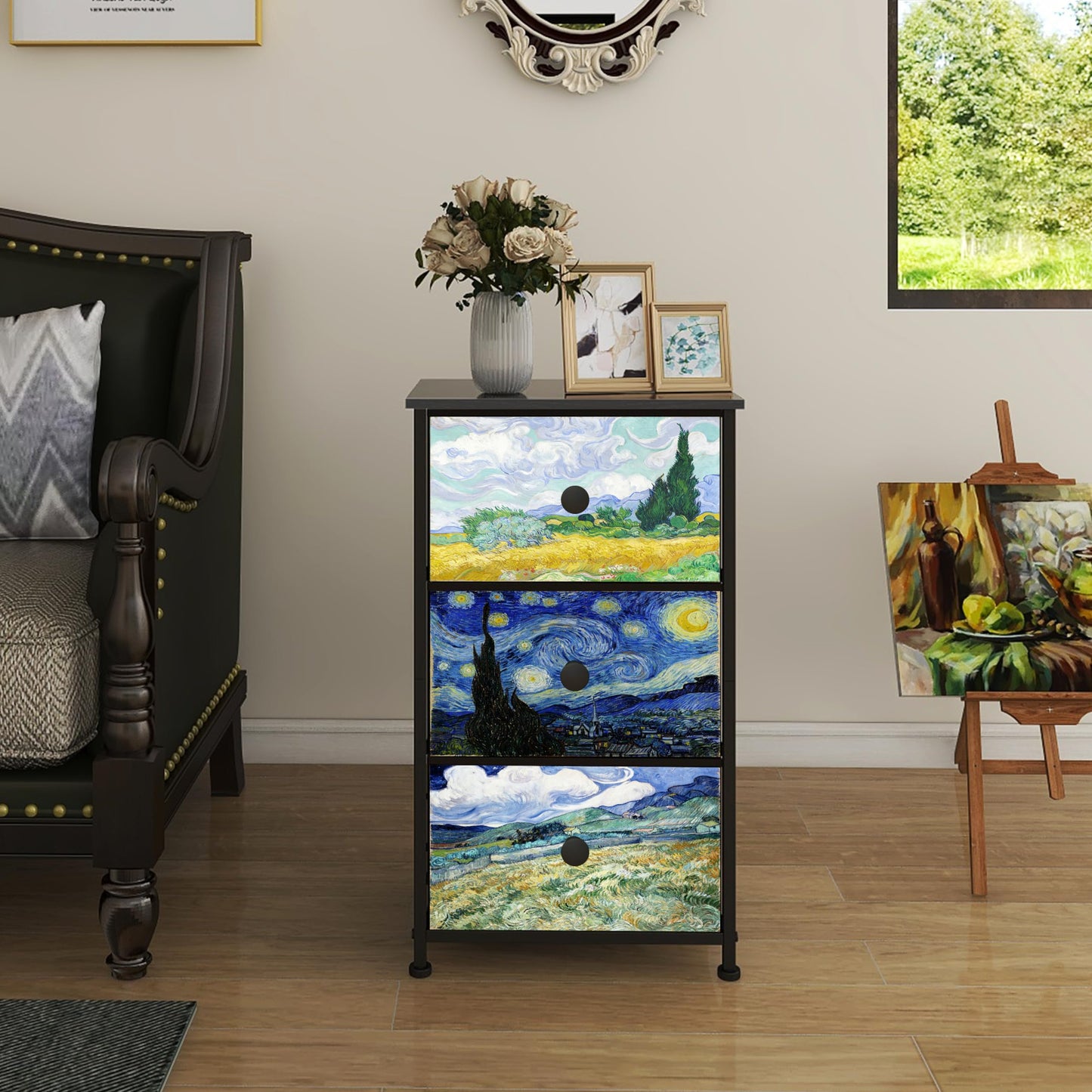 Welfuturer Dresser with 3 Drawers Van Gogh Drawer Dresser for Bedroom Narrow Nightstand Small Dressers & Chests of Drawers for Halfway Entryway Closets Living Room Sturdy Steel Frame Wood Top