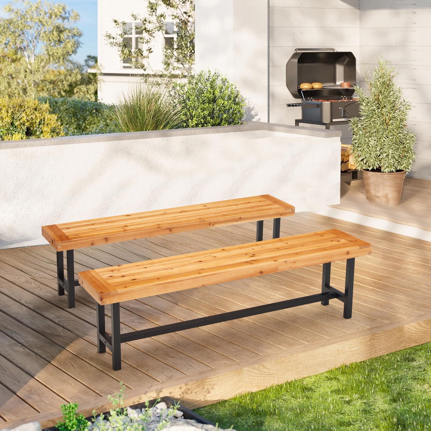 AVAWING Outdoor Wood Benches Set of 2, Patio Wooden Picnic Bench Waterproof, Backless Long Garden Park Chair for Porch, Balcony and Deck, Natural