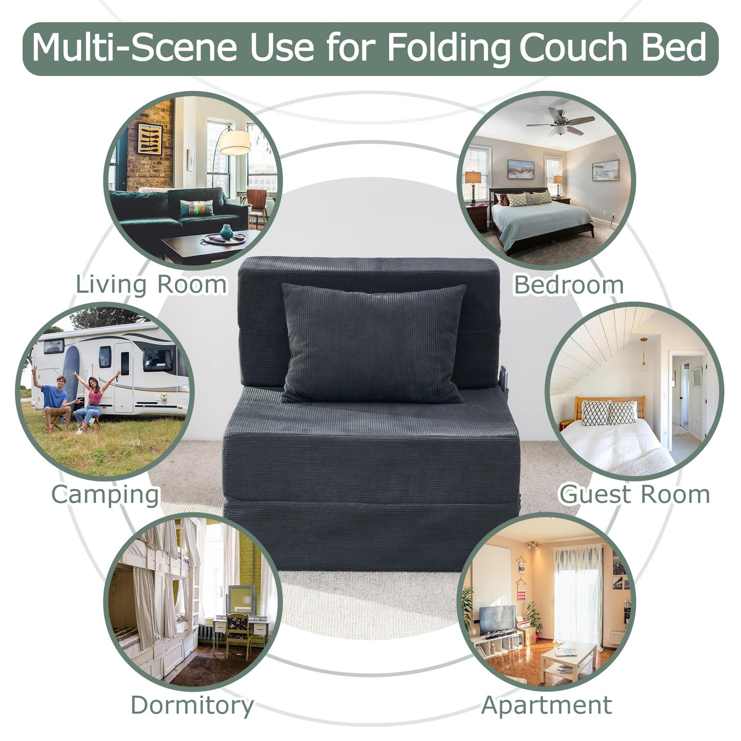 HILERO Folding Sofa Bed, 4 in 1 Convertible Sleeper Chair with Pillow, Single Memory Foam Fold Out Chair Bed, Modern Floor Futon Sofa Couch Mattress for Living Room/Guest/Apartment, Dark Grey